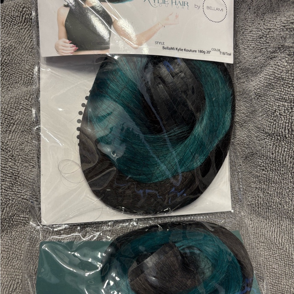 BELLAMI Kylie hair Couture  Off Black and Teal Hair Extensions 20” 1B/teal